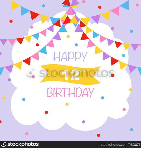 Happy 12th birthday, vector illustration greeting card with confetti and garlands decorations