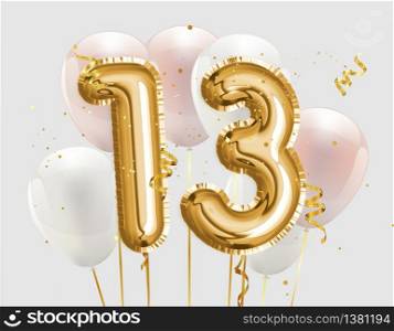 Happy 13th birthday gold foil balloon greeting background. 13 years anniversary logo template- 13th celebrating with confetti. `illustration 3D`