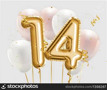 Happy 14th birthday gold foil balloon greeting background. 14 years anniversary logo template- 14th celebrating with confetti. Photo stock.