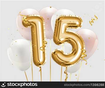 Happy 15th birthday gold foil balloon greeting background. 15 years anniversary logo template- 15th celebrating with confetti. Photo stock.