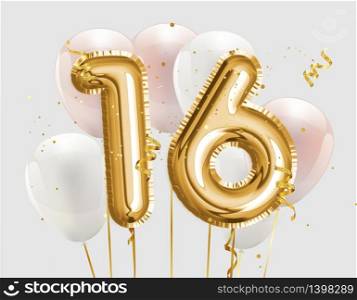 Happy 16th birthday gold foil balloon greeting background. 16 years anniversary logo template- 16th celebrating with confetti. Photo stock.