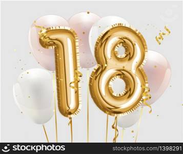 Happy 18th birthday gold foil balloon greeting background. 18 years anniversary logo template- 18th celebrating with confetti. Photo stock.