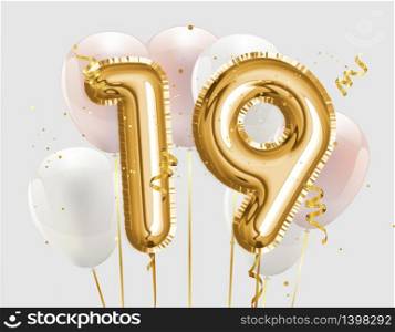 Happy 19th birthday gold foil balloon greeting background. 19 years anniversary logo template- 19th celebrating with confetti. Photo stock.