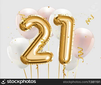 Happy 21th birthday gold foil balloon greeting background. 21 years anniversary logo template- 21th celebrating with confetti. Photo stock.