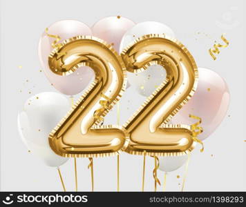 Happy 22th birthday gold foil balloon greeting background. 22 years anniversary logo template- 22th celebrating with confetti. Photo stock.