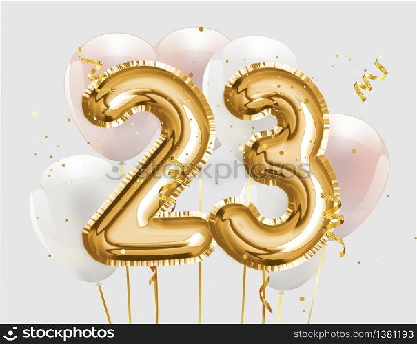 Happy 23th birthday gold foil balloon greeting background. 23 years anniversary logo template- 23th celebrating with confetti. Photo stock.