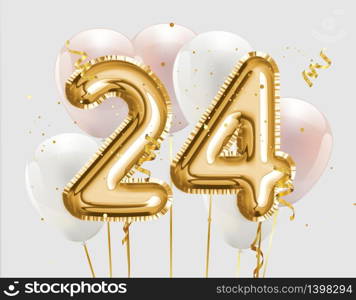Happy 24th birthday gold foil balloon greeting background. 24 years anniversary logo template- 24th celebrating with confetti. Photo stock.