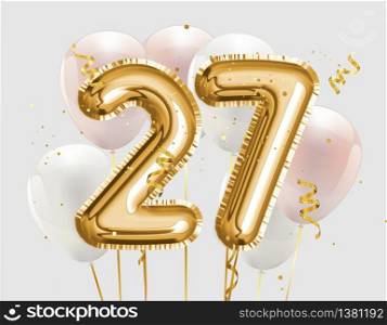 Happy 27th birthday gold foil balloon greeting background. 27 years anniversary logo template- 27th celebrating with confetti. Photo stock.