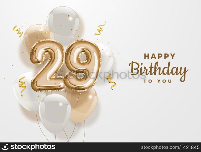 Happy 29th birthday gold foil balloon greeting background. 29 years anniversary logo template- 29th celebrating with confetti. Vector stock.