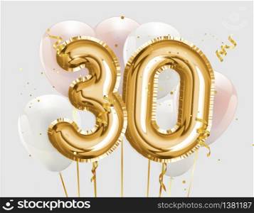 Happy 30th birthday gold foil balloon greeting background. 30 years anniversary logo template- 30th celebrating with confetti. Photo stock.