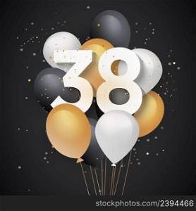 "Happy 38th birthday balloons greeting card background. 38 years anniversary. 38th celebrating with confetti. "Illustration 3D""