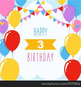Happy 3rd birthday, vector illustration greeting card with balloons and garlands decoration