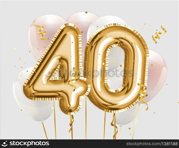 Happy 40th birthday gold foil balloon greeting background. 40 years anniversary logo template- 40th celebrating with confetti. Photo stock
