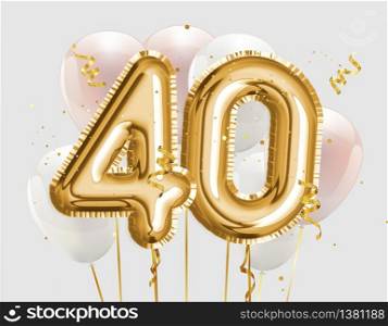 Happy 40th birthday gold foil balloon greeting background. 40 years anniversary logo template- 40th celebrating with confetti. Photo stock