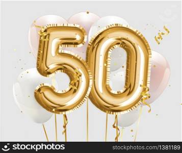 Happy 50th birthday gold foil balloon greeting background. 50 years anniversary logo template- 50th celebrating with confetti. Photo stock.