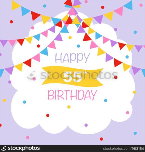 Happy 55th birthday, vector illustration greeting card with confetti and garlands decorations