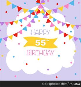 Happy 55th birthday, vector illustration greeting card with confetti and garlands decorations