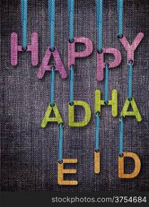 Happy Adha Eid Letters hanging strings with blue sackcloth background.. Happy Adha Eid