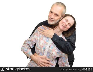 Happy adult man and woman smiling for S. Valentine's day or anniversary and embracing each other. Isolated on white background.