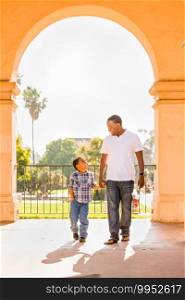 Happy African American Father and Mixed Race Son Walking At The Park.