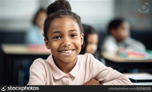 Happy African-American girl sitting in a classroom at school. Generative AI AIG21.