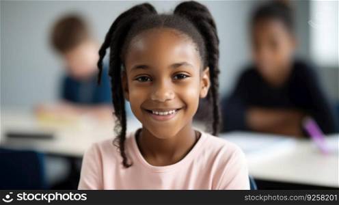 Happy African-American girl sitting in a classroom at school. Generative AI AIG21.