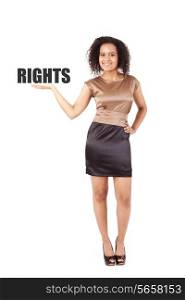 Happy african business woman showing RIGHTS word