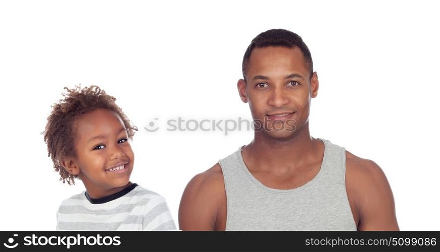 Happy african child and his father isolated on a white background