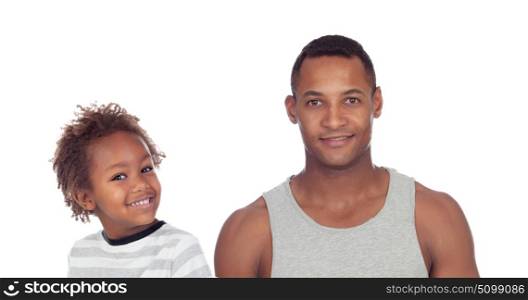 Happy african child and his father isolated on a white background