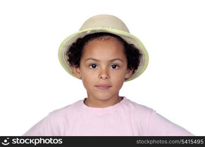 Happy african child with a straw hat isolated on white background