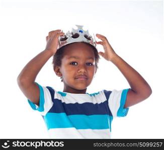 Happy african child with silvered crown isolated on a white background