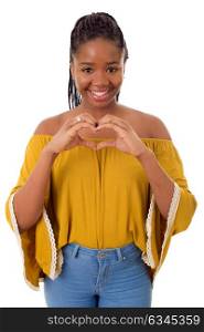 Happy african girl making a heart with her hands, isolated on white background