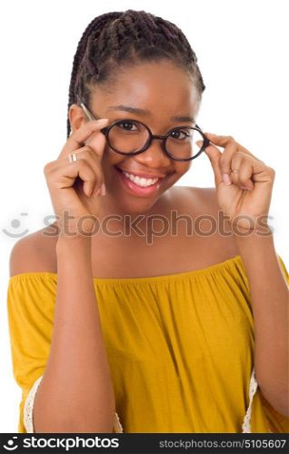 Happy african girl with glasses isolated on white background