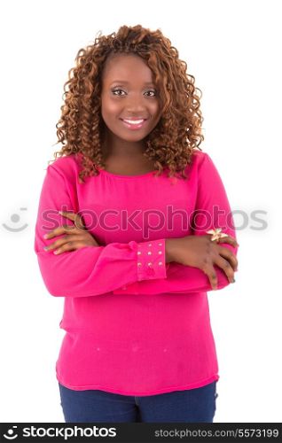 Happy african overweighted woman posing isolated over white background