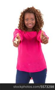 Happy african overweighted woman posing isolated over white background