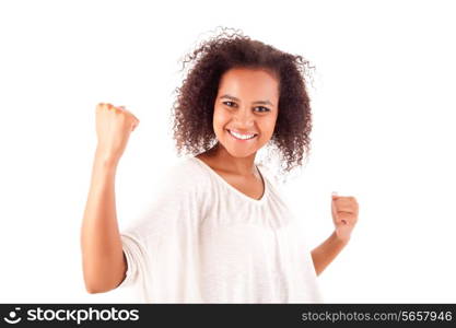 Happy african woman celebrating on white background