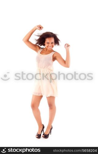 Happy african woman celebrating on white background