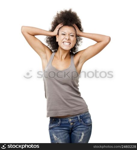 Happy Afro-American young woman isolated on white