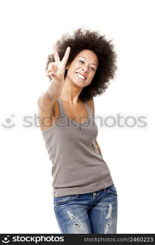 Happy Afro-American young woman isolated on white background