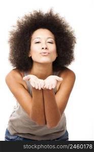 Happy Afro-American young woman isolated on white blowing a kiss