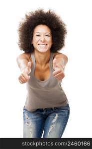 Happy Afro-American young woman isolated on white doing a thumbs-up signal with her hand