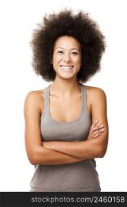 Happy Afro-American young woman isolated on white laughing