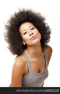 Happy Afro-American young woman isolated on white sending a kiss