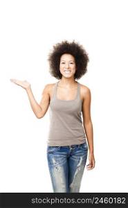 Happy Afro-American young woman isolated on white showing the palm of the hand