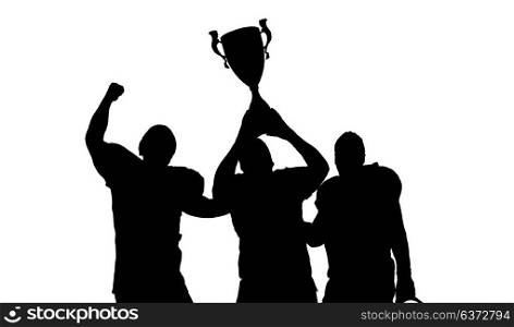 happy american football team with trophy celebrating victory isolated on white background