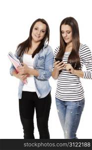 happy and busy students. happy and busy students with smartphone and exercising books on white background
