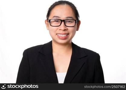 Happy and confident businesswoman standing on white background in studio
