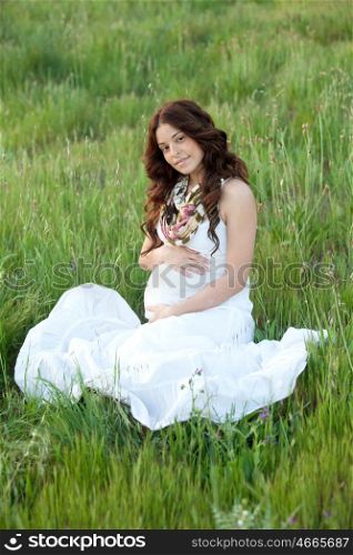 Happy and relaxed pregnant woman sitting on the grass