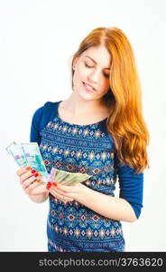 happy and rich woman on a white background