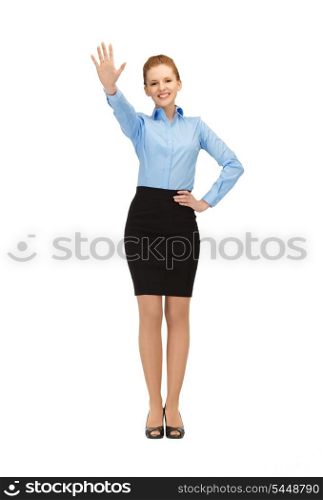 happy and smiling stewardess making greeting gesture